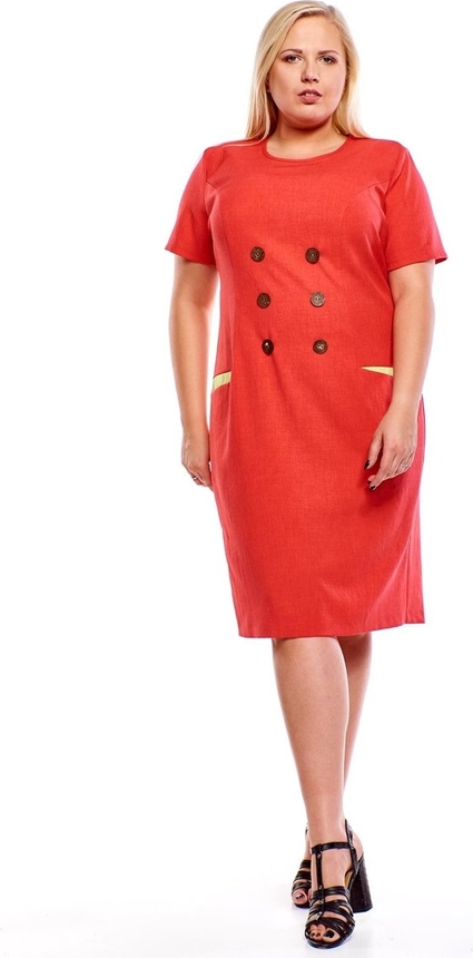 Czerwona sukienka Fokus z lnu z krótkim rękawem z okrągłym dekoltem