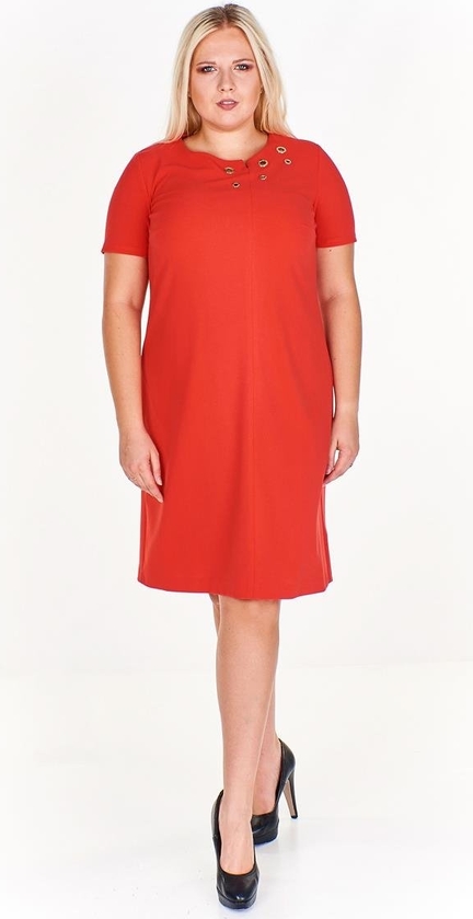 Czerwona sukienka Fokus z okrągłym dekoltem z krótkim rękawem
