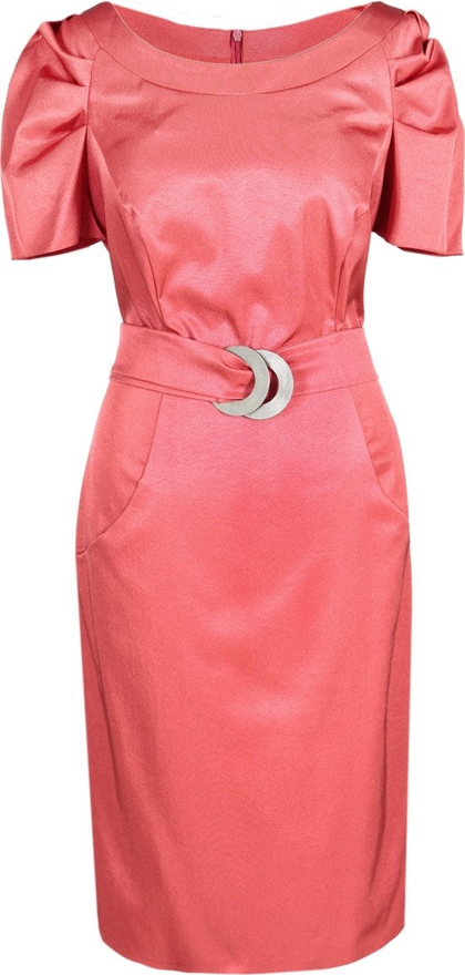 Czerwona sukienka Fokus z tkaniny w stylu glamour z okrągłym dekoltem
