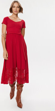 Czerwona sukienka Guess z okrągłym dekoltem z krótkim rękawem midi