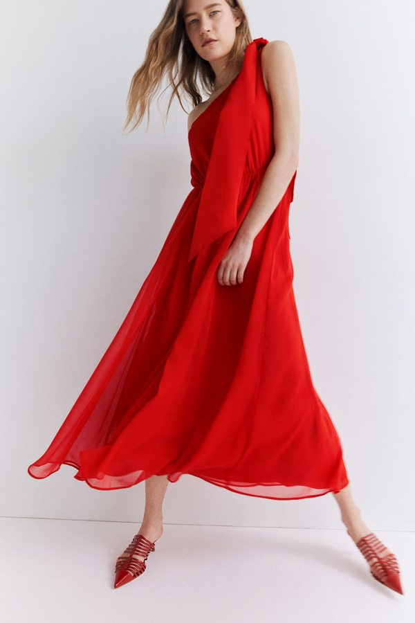 Czerwona sukienka H & M oversize z szyfonu maxi