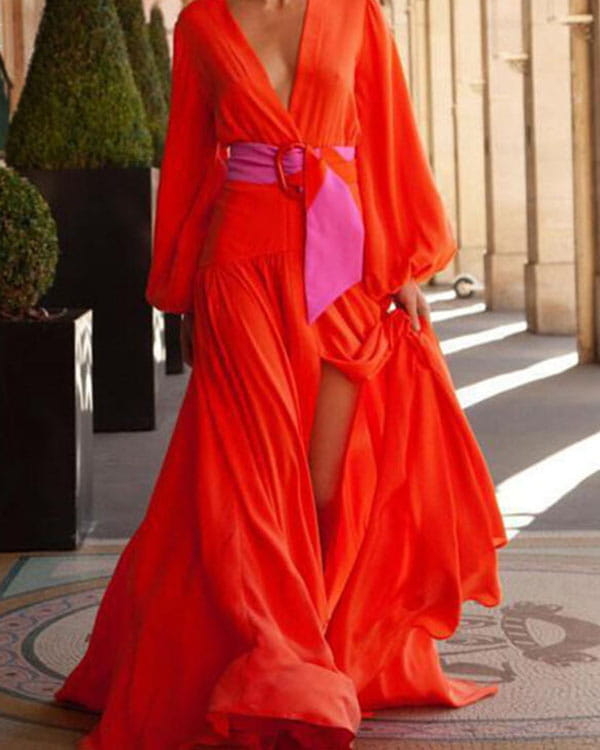 Czerwona sukienka Kendallme z szyfonu z dekoltem w kształcie litery v maxi