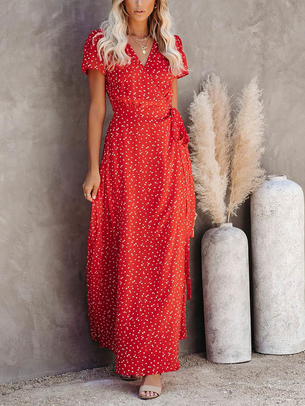 Czerwona sukienka La Angels maxi kopertowa z krótkim rękawem