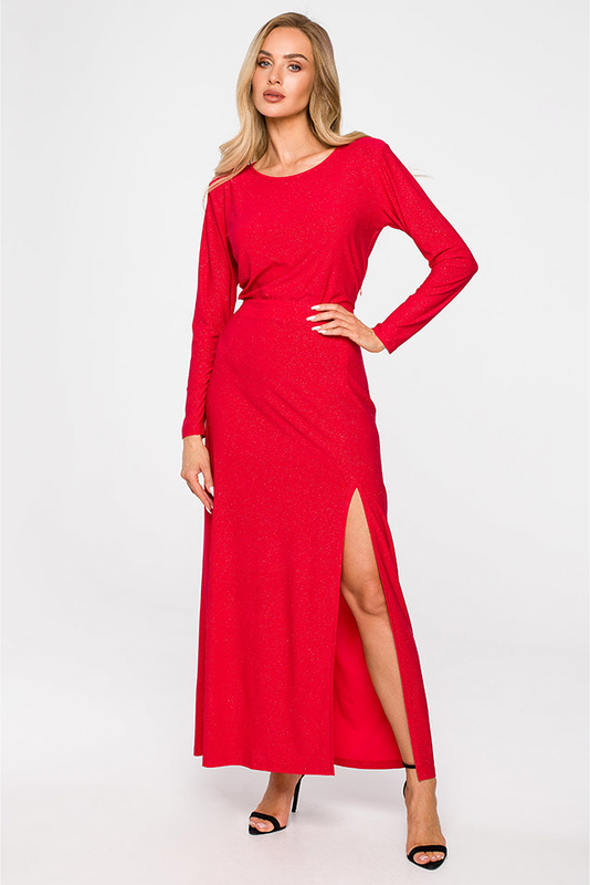 Czerwona sukienka Limango Polska z długim rękawem maxi rozkloszowana