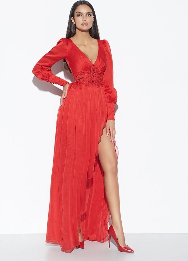 Czerwona sukienka LOU z dekoltem w kształcie litery v maxi