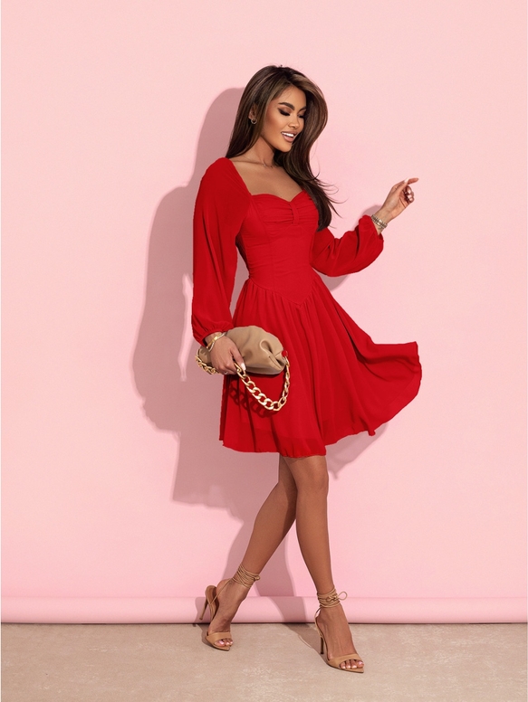Czerwona sukienka Magmac mini z tiulu z długim rękawem