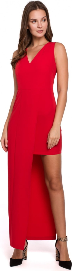 Czerwona sukienka Makover bez rękawów asymetryczna z dekoltem w kształcie litery v
