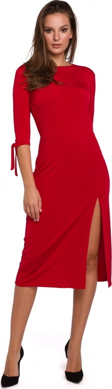 Czerwona sukienka Makover midi z okrągłym dekoltem z długim rękawem