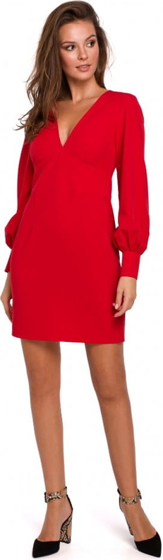 Czerwona sukienka Makover z tkaniny mini z długim rękawem