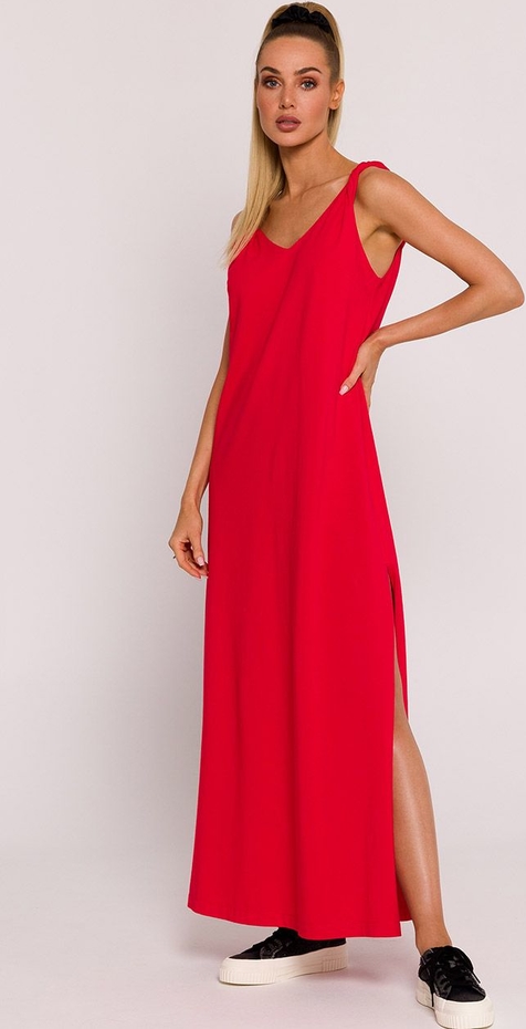 Czerwona sukienka MOE prosta na ramiączkach z dekoltem w kształcie litery v
