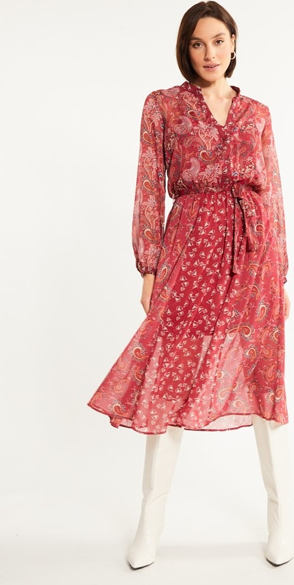 Czerwona sukienka Monnari z długim rękawem w stylu casual z dekoltem w kształcie litery v