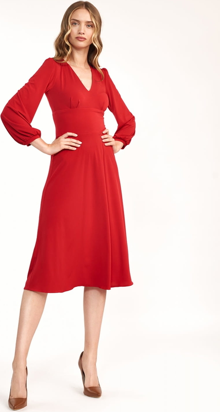 Czerwona sukienka Nife z dekoltem w kształcie litery v z długim rękawem midi