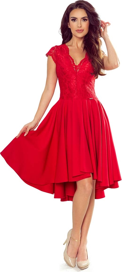 Czerwona sukienka NUMOCO asymetryczna z dekoltem w kształcie litery v