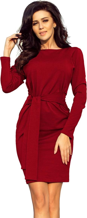 Czerwona sukienka NUMOCO z długim rękawem dopasowana z okrągłym dekoltem