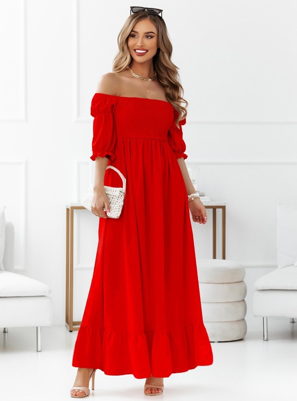 Czerwona sukienka Pakuten z odkrytymi ramionami hiszpanka