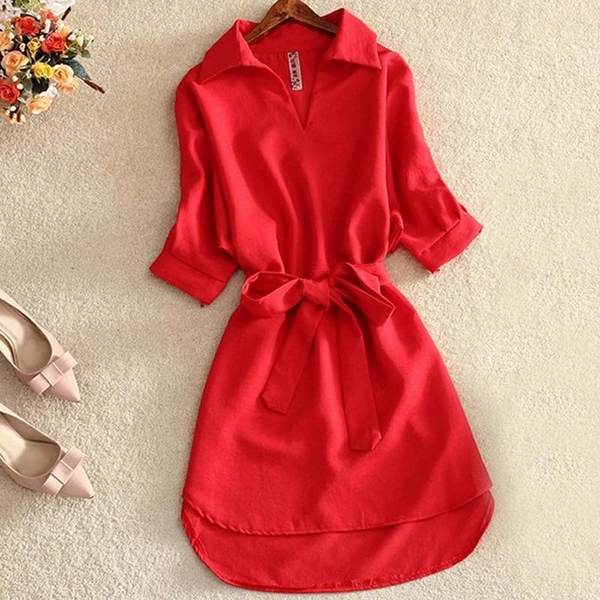 Czerwona sukienka Parine.pl koszulowa z długim rękawem mini