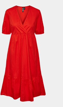 Czerwona sukienka Pieces midi kopertowa z dekoltem w kształcie litery v