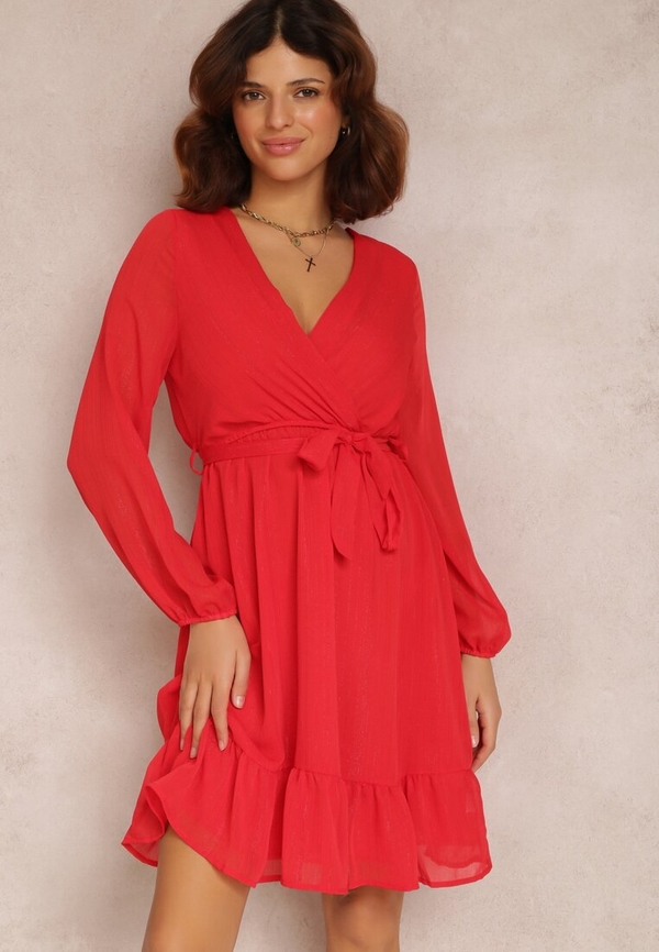 Czerwona sukienka Renee w stylu casual kopertowa z dekoltem w kształcie litery v