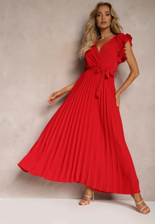 Czerwona sukienka Renee z dekoltem w kształcie litery v maxi z krótkim rękawem