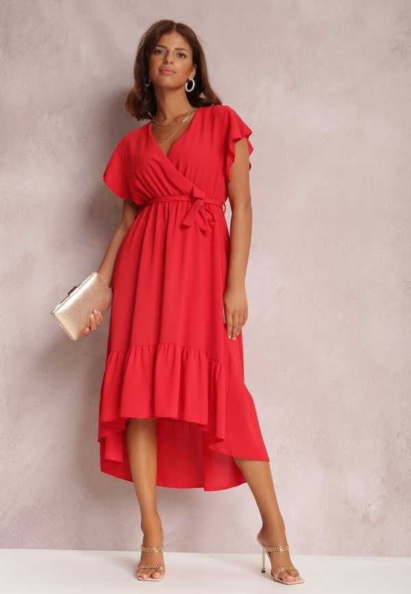 Czerwona sukienka Renee z dekoltem w kształcie litery v midi asymetryczna