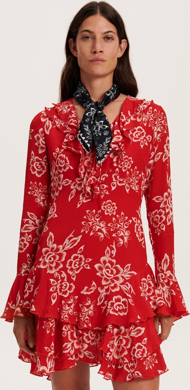 Czerwona sukienka Reserved z długim rękawem z dekoltem w kształcie litery v
