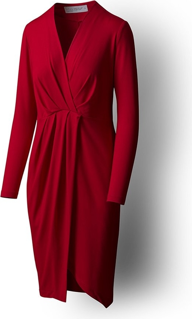 Czerwona sukienka RISK made in warsaw z długim rękawem z dzianiny z dekoltem w kształcie litery v