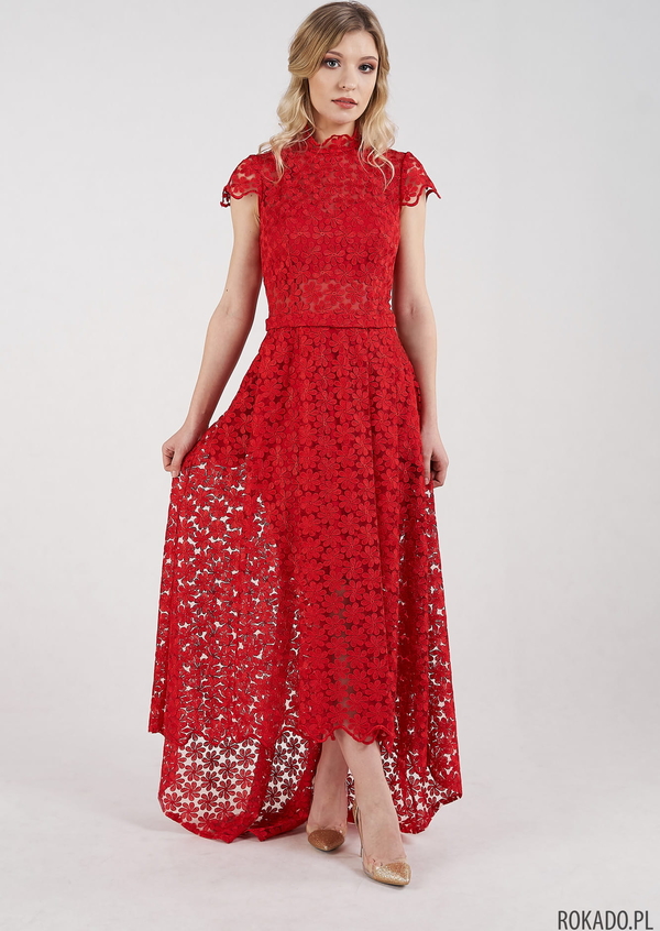 Czerwona sukienka Rokado asymetryczna hiszpanka maxi
