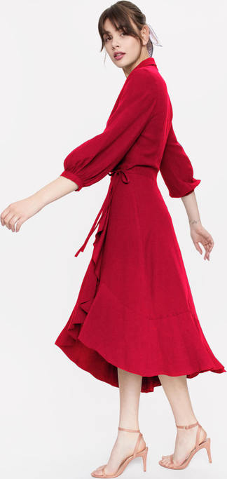 Czerwona sukienka Seriously midi z długim rękawem z dekoltem w kształcie litery v
