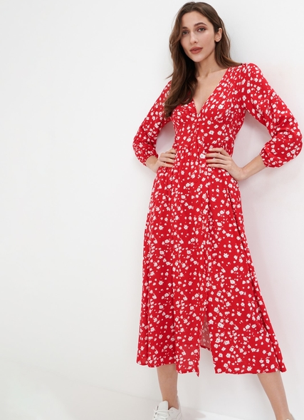 Czerwona sukienka Sinsay z długim rękawem midi w stylu casual