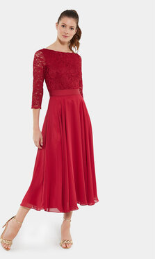 Czerwona sukienka Swing z długim rękawem rozkloszowana midi