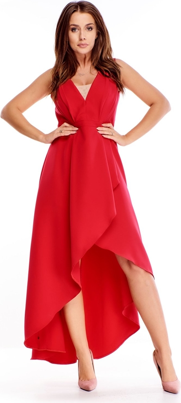 Czerwona sukienka TAGLESS bez rękawów z dekoltem w kształcie litery v asymetryczna