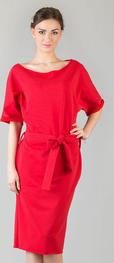 Czerwona sukienka Tessita z krótkim rękawem z okrągłym dekoltem midi