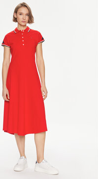 Czerwona sukienka Tommy Hilfiger z krótkim rękawem z okrągłym dekoltem midi
