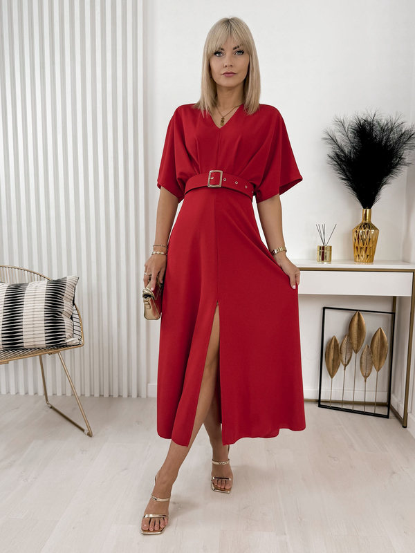 Czerwona sukienka UBRA.PL z długim rękawem midi
