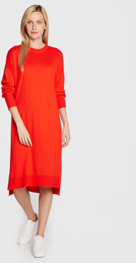 Czerwona sukienka United Colors Of Benetton midi z długim rękawem z okrągłym dekoltem
