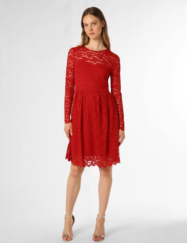 Czerwona sukienka Vila rozkloszowana z długim rękawem z okrągłym dekoltem