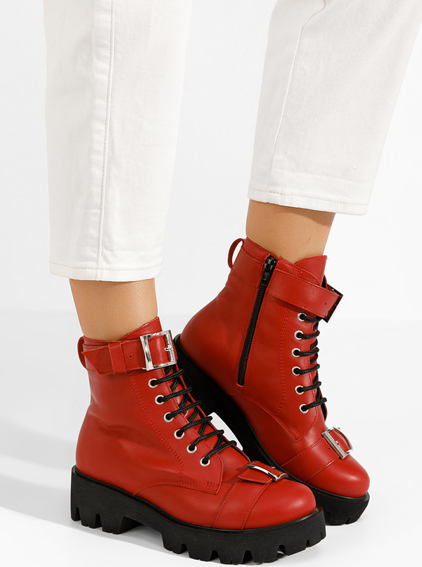 Czerwone trapery damskie Zapatos sznurowane z płaską podeszwą ze skóry