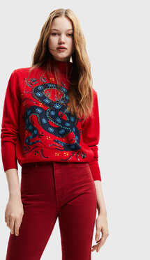 Czerwony sweter Desigual w bożonarodzeniowy wzór