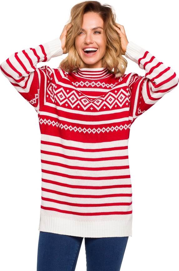Czerwony sweter MOE w stylu casual w bożonarodzeniowy wzór