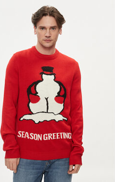 Czerwony sweter Only & Sons w bożonarodzeniowy wzór z okrągłym dekoltem