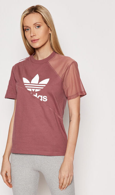 Czerwony t-shirt Adidas w młodzieżowym stylu z krótkim rękawem