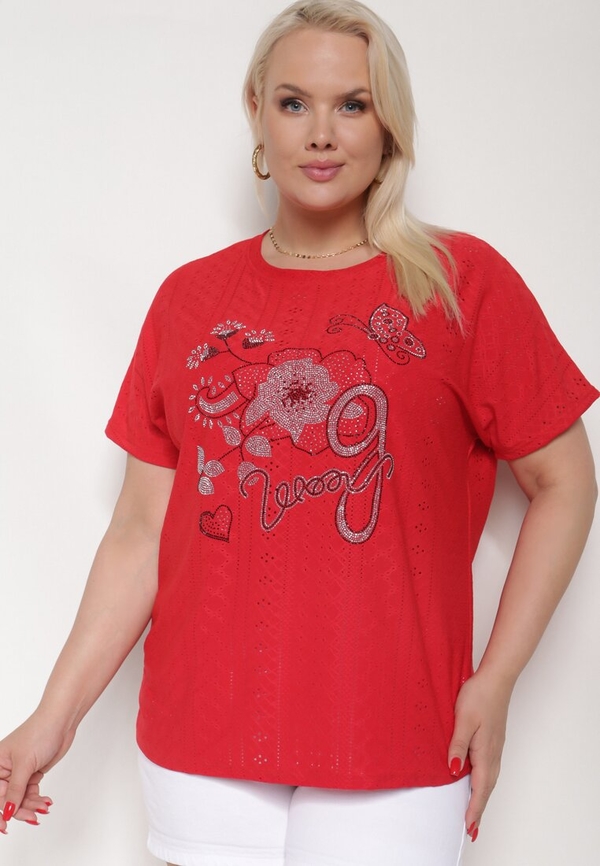 Czerwony t-shirt born2be z okrągłym dekoltem w stylu casual