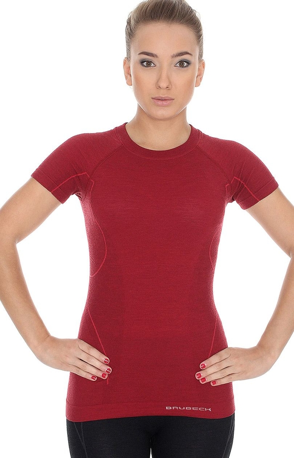 Czerwony t-shirt Brubeck z wełny z krótkim rękawem z okrągłym dekoltem