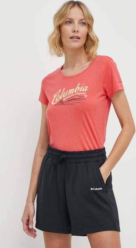 Czerwony t-shirt Columbia w sportowym stylu z okrągłym dekoltem z krótkim rękawem