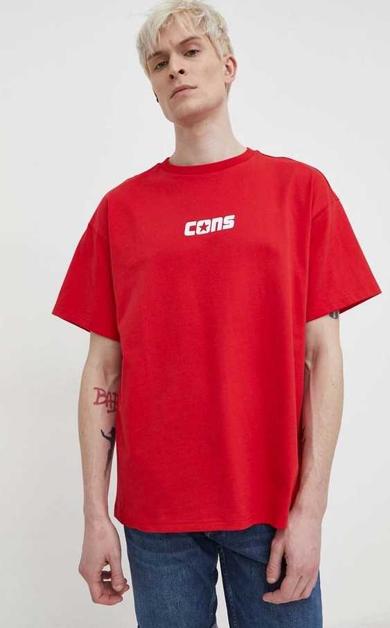 Czerwony t-shirt Converse z nadrukiem z bawełny w młodzieżowym stylu