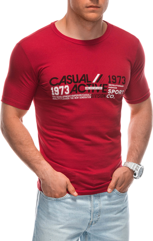 Czerwony t-shirt Edoti z krótkim rękawem w młodzieżowym stylu z nadrukiem