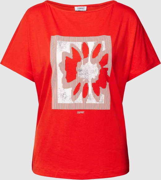 Czerwony t-shirt Esprit z krótkim rękawem z nadrukiem z okrągłym dekoltem