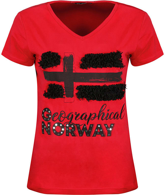 Czerwony t-shirt Geographical Norway z krótkim rękawem z dekoltem w kształcie litery v