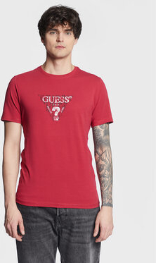 Czerwony t-shirt Guess w młodzieżowym stylu z krótkim rękawem