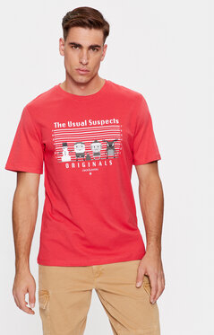 Czerwony t-shirt Jack & Jones w młodzieżowym stylu z krótkim rękawem